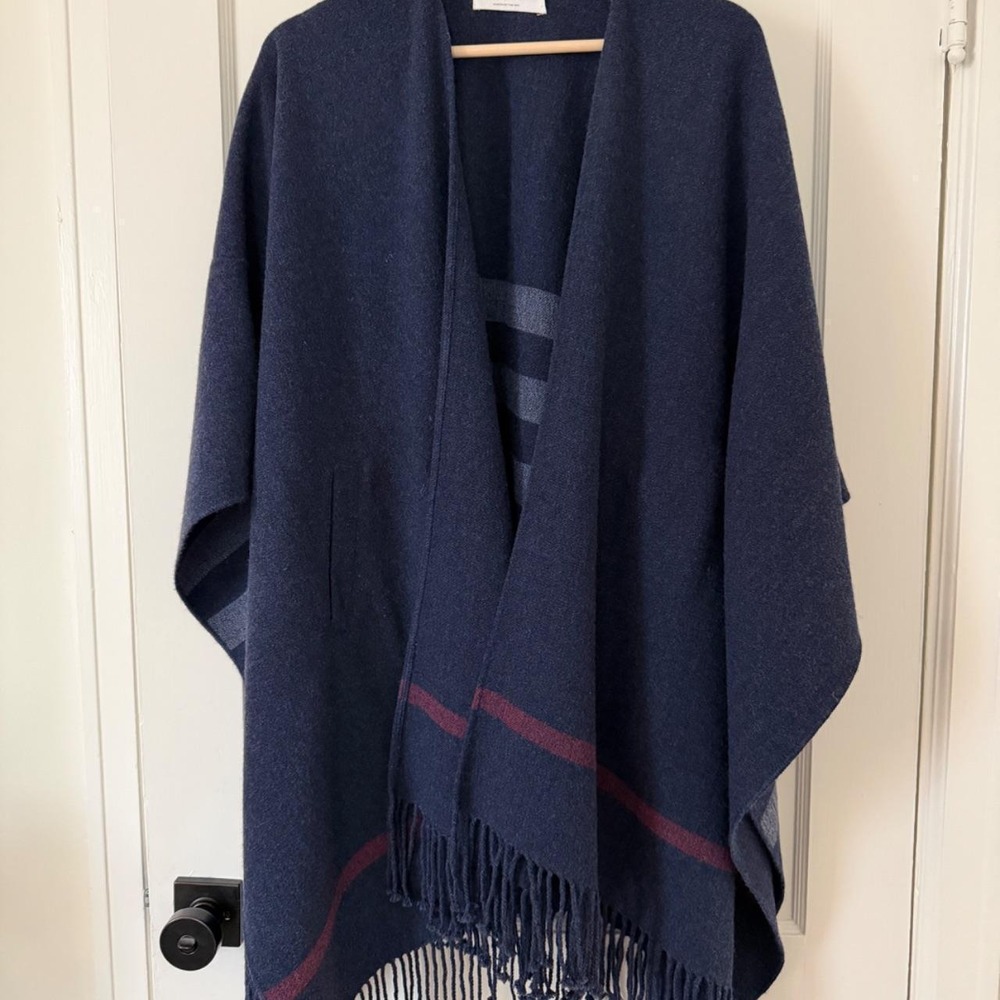 MERSEA & Co Wool Blend Classic Travel Wrap Fringe Poncho Shawl Navy Grey Red OS